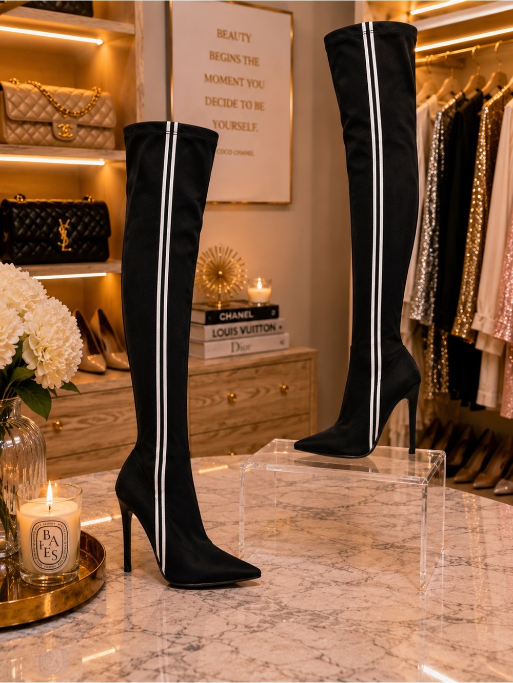 Bella LumaWomen’s Thigh High Stiletto Boots Black Stripe Sz 8 - Picture 5 of 13
